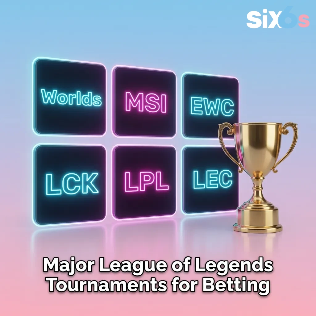 League of Legends tournament logos including Worlds, MSI, EWC, LCK, LPL, and LEC championships available for betting — Six6s in Pakistan